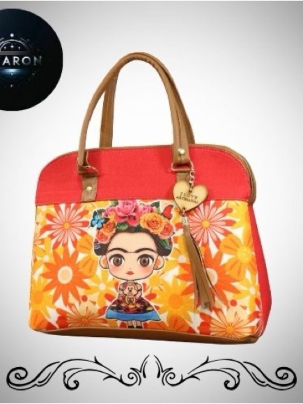 Floral Orange Canvas Tote with Tan Handles and Artistic Front Panel